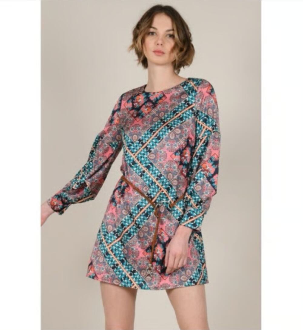 Molly Bracken Mini Shift With Blouson Sleeves in Retro Hippie Pattern